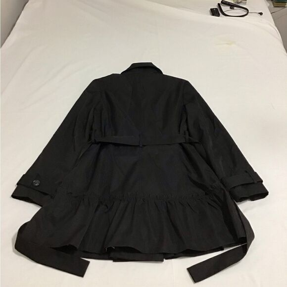 Sandro Studio Black Wrap Coat Double Breast Self Tie Belt Ruffle Hem Large - Picture 7 of 15